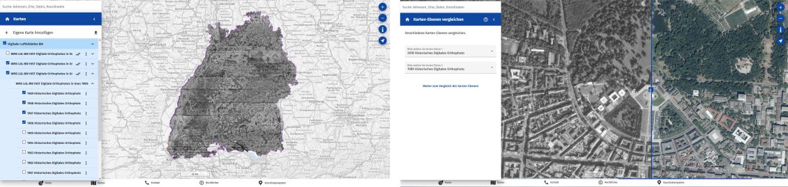 Abbildung 3: Geoportal-BW.  Links: Registerkarte „Karte“ mit dem Digitalen Luftbildatlas BW. Es sind unterschiedliche Dienste und Jahreslayer aktiviert. Rechts:  Karten-Ebenen-Vergleich von zwei unterschiedlichen Zeitpunkten, hier das Jahr 2018 mit dem Jahr 1989 (Karlsruhe). 