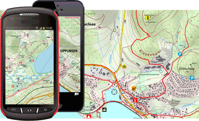 Illustration Smartphone und iPhone mit Offline-Karte, z.B. der Topographischen Karte 1:10 000