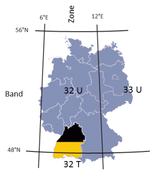 Schematische Darstellung der UTM-Einteilung in Deutschland